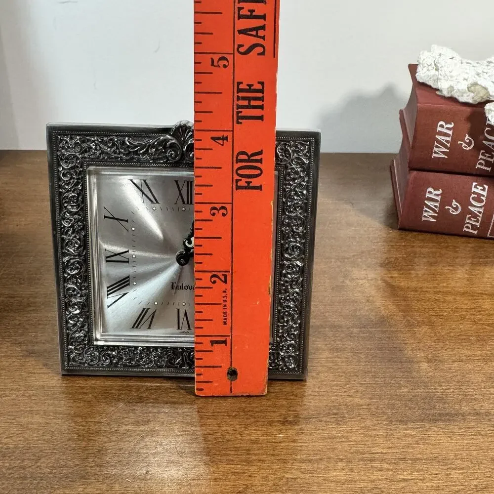 Vintage Bulova Desk Mantel Shelf Clock Ornate Silver Tone Roman Numerals Quartz